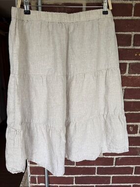 Saks Fifth Avenue Neutral Tiered Midi Skirt in Light Beige 100% Linen